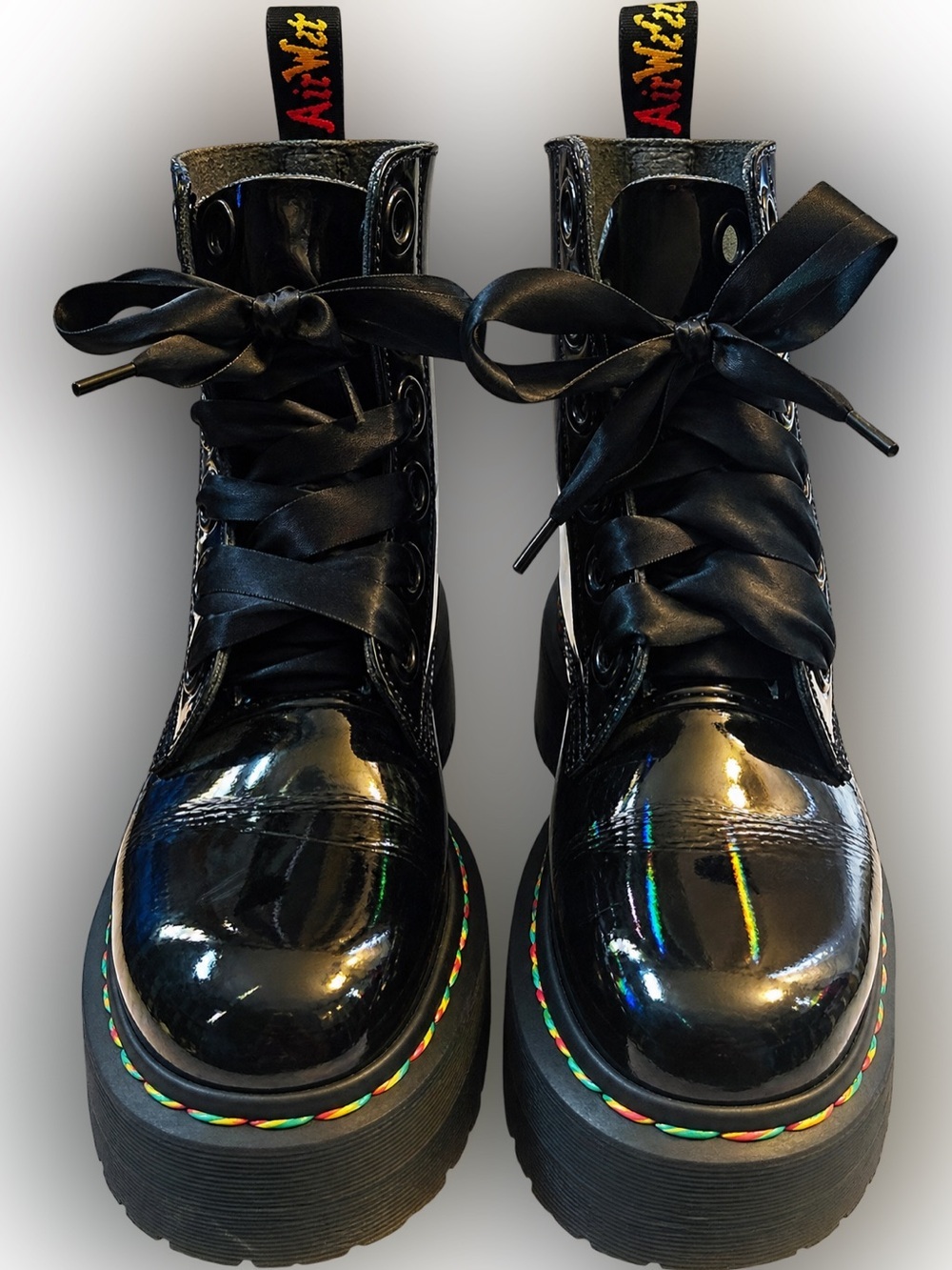 Doc Martens Molly Black Patent Leather with Ribbon Lace Platform Boots in Size 7
